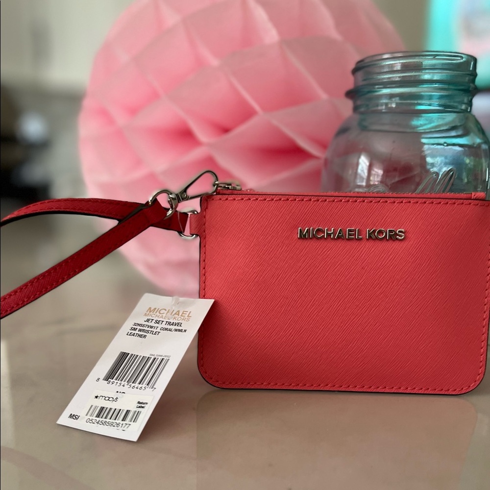 Michael Kors Jet Set Travel coral SM wristlet leather wallet NWT